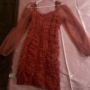 Elegant Long Sleeve Ruched Dress - Red